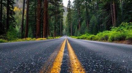 Naklejka premium The road passes through a forest filled with lush trees.