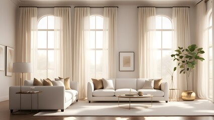Fototapeta premium Sunlit living room with white sofas, beige curtains, and gold accents.