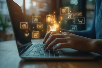 Online Shopping Experience Using Laptop with Shopping Cart Icons in Modern Workspace