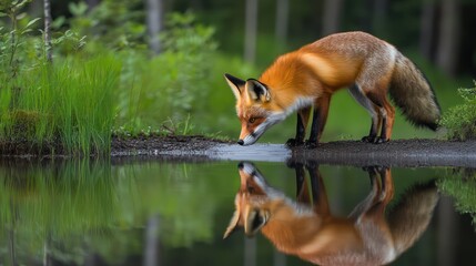 Obraz premium A quiet forest lake with tall evergreens reflecting in the water, while a red fox cautiously drinks at the edge.