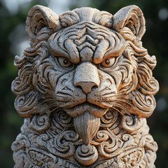 Intricate Stone Carving Of A Majestic Tiger Statue