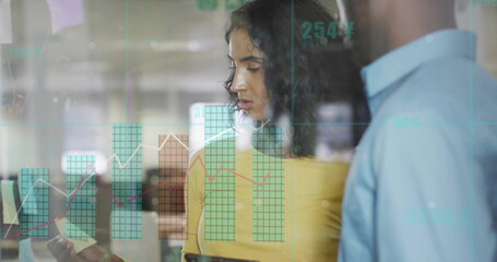 Image of financial data processing over diverse business people in office