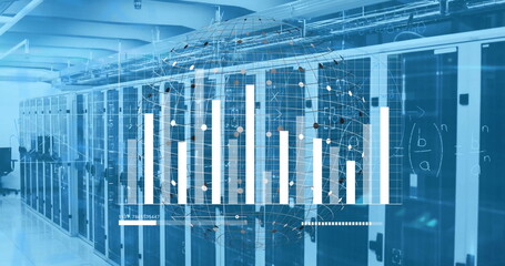 Image of diagrams with globe and data processing over server room