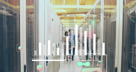Image of diagrams and ecology icons over diverse workers walking in server room