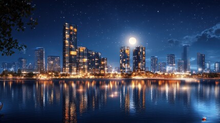 Fototapeta premium Night cityscape, moonlit lake reflection, urban development, starry sky, architectural rendering