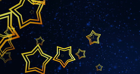 Fototapeta premium Image of gold outline stars falling over blue light spots on black background