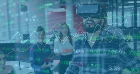 Image of financial data processing over biracial businessman using vr set