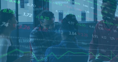 Image of financial data processing over diverse business people in office