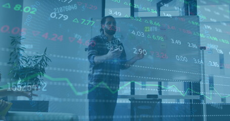 Image of financial data processing over biracial businessman in office