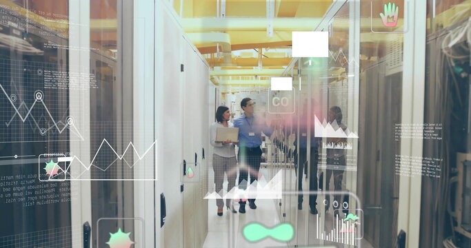 Image of diagrams and ecology icons over diverse workers walking in server room