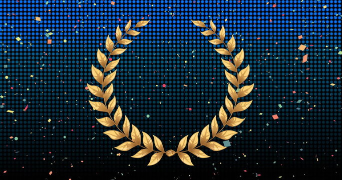 Image of gold laurel wreath and falling confetti over blue grid on black background