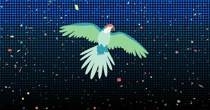 Fototapeta Image of flying parrot over blue grid and falling confetti on black background