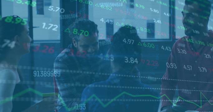 Image of financial data processing over diverse business people in office