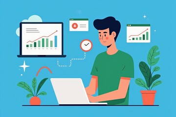 A Young Professional Using a Laptop to Analyze Data with Growth Charts and Indoor Plants in a Bright and Cheerful Workspace Setting