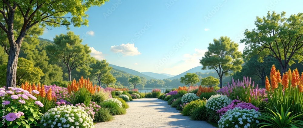 Wall mural A serene and vibrant garden, with a variety of flowers and trees, set against a backdrop of rolling hills