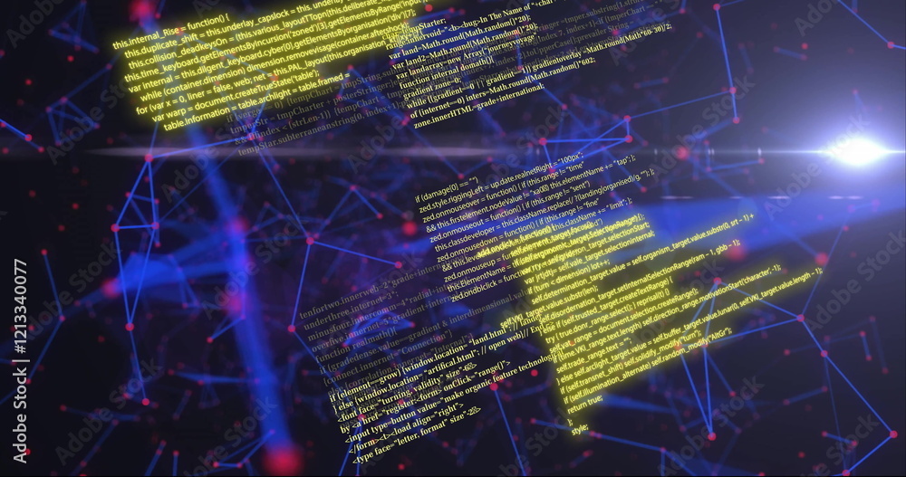 Poster image of data processing and network of connections on black background