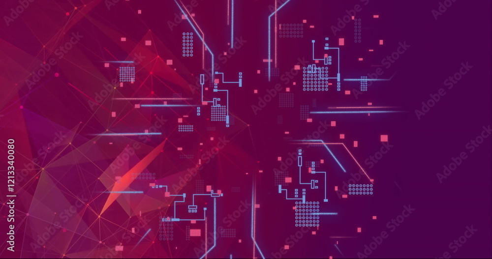 Aufkleber image of computer circuit board and network of connections on purple background