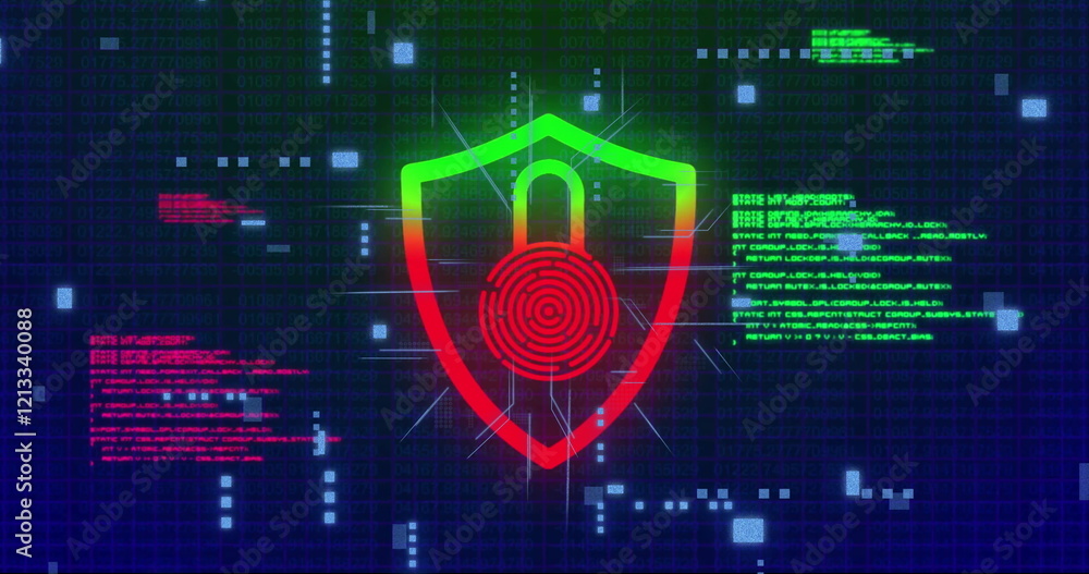 Aufkleber image of data processing with padlock icon and computer circuit board on black background