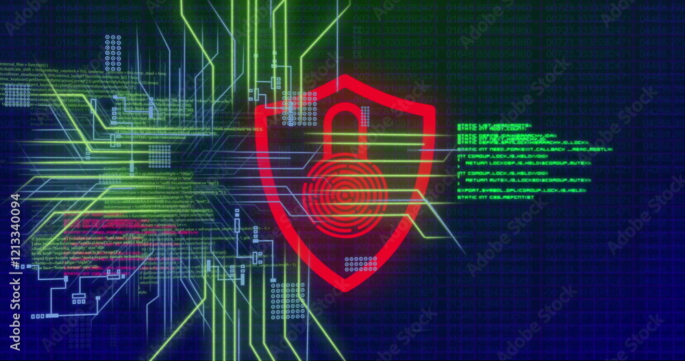 Poster image of data processing and network of connections over padlock icon on black background