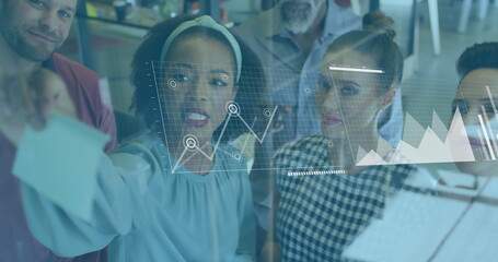 Image of data processing and diagrams over diverse colleagues discussing work