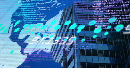 Image of digital data processing over world map and cityscape