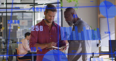 Image of financial data processing over diverse business people in office