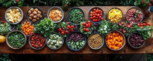 Fototapeta premium Top view an elegant dinner table with vibrant salads, fresh vegetables, and light soups for a healthy lifestyle focus