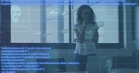 Image of data processing with portraits over african american businesswoman in office