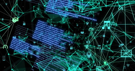 Image of data processing and network of connections with icons on black background