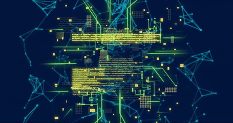 Image of data processing and network of connections on black background