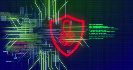Image of data processing and network of connections over padlock icon on black background