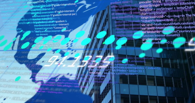 Image of digital data processing over world map and cityscape - Powered by Adobe