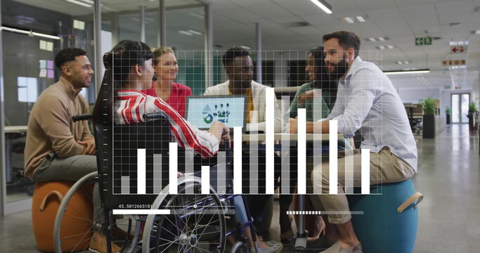 Image of financial data processing over diverse business people in office