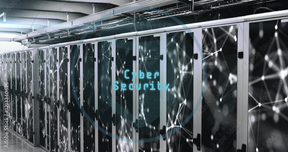 Aufkleber image of cyber security text, digital data processing over computer servers