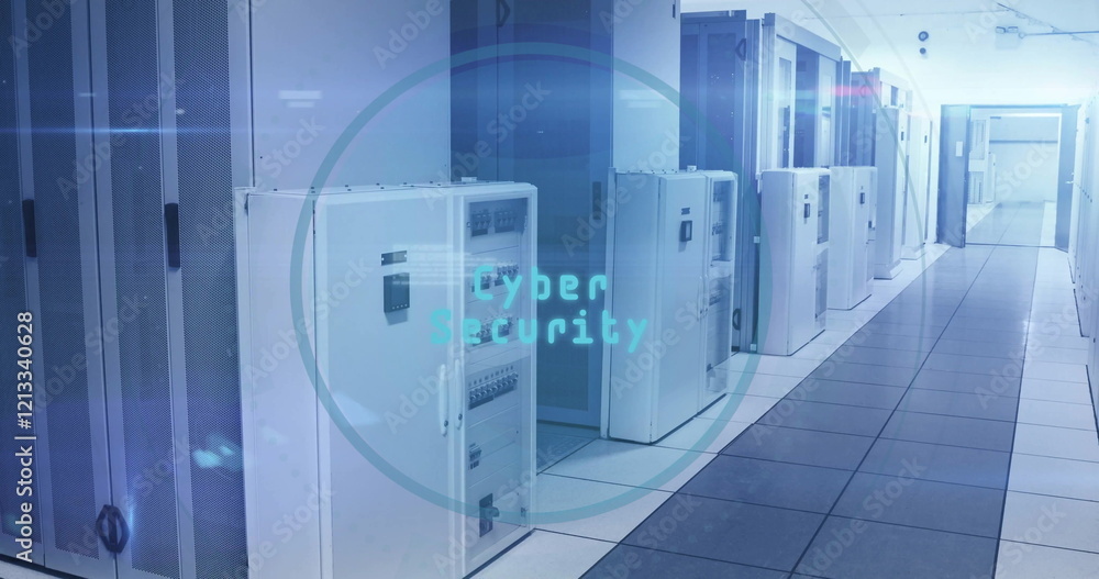 Aufkleber image of cyber security text, digital data processing over computer servers