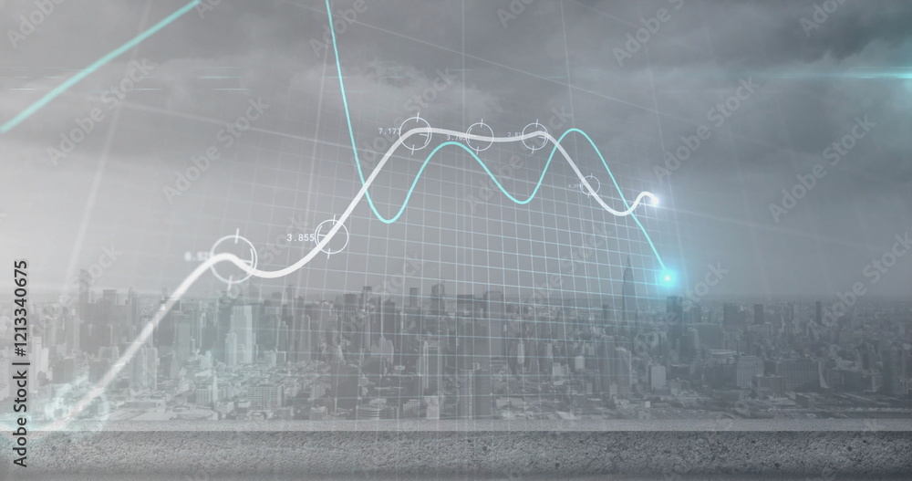 Poster image of glowing graph processing data over cityscape and cloudy grey sky