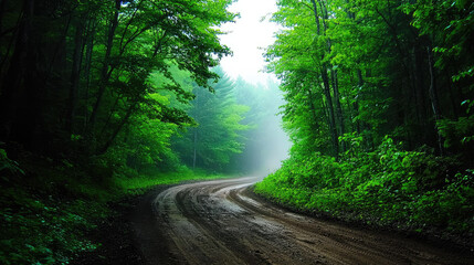 Obraz premium Winding dirt road through lush green forest in misty atmosphere