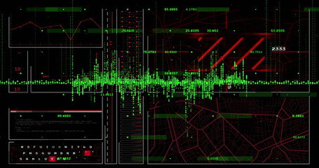 Image of digital data processing over screens on dark background