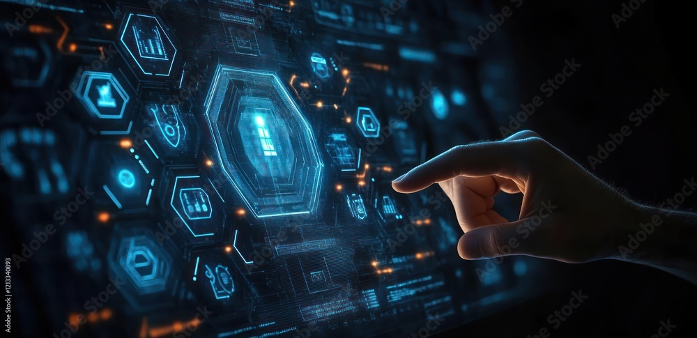 Poster futuristic digital interface for it concepts with glowing hexagons and cyberpunk style