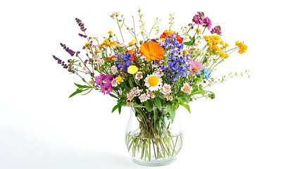 of wildflowers in a clear glass vase, isolated on a white background  © thongsook