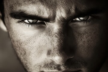 Naklejka premium Close-up of a man's intense, angry eyes. Ideal for conveying themes of power, defiance, or conflict.