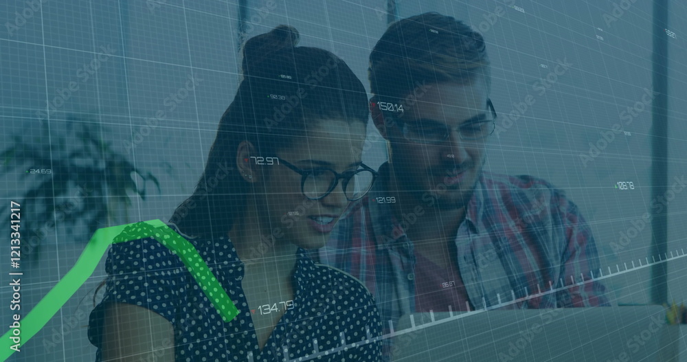Poster image of data processing and diagrams over diverse business people discussing work