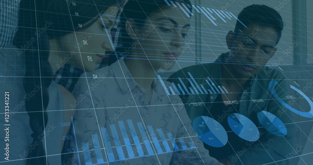 Aufkleber image of data processing and diagrams over diverse business people discussing work