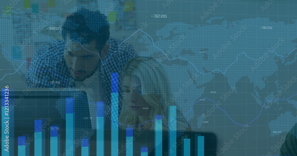 Poster image of data processing and diagrams over caucasian business people discussing work
