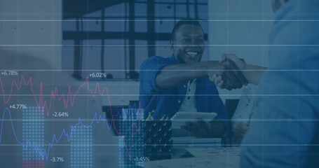 Image of data processing and diagrams over diverse business people shaking hands