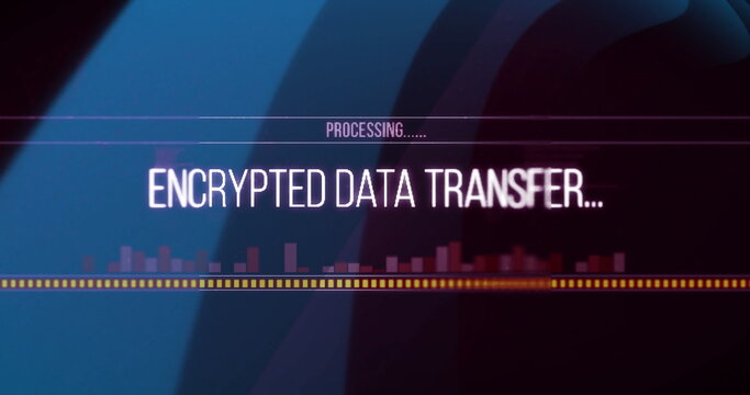 Image of encrypted data transfer text over blue curves