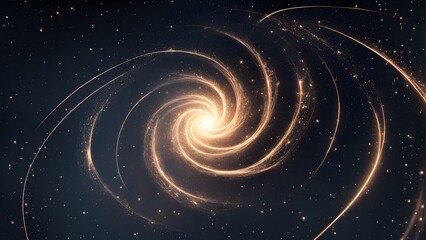 Abstract golden spiral galaxy background with sparkling stars.