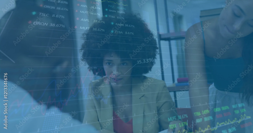 Poster image of financial data processing over diverse colleagues discussing work in office