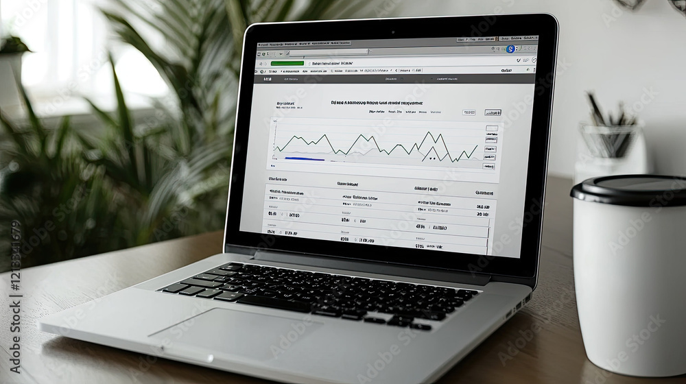Poster laptop displaying data analytics on wooden table