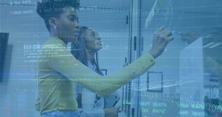 Image of financial data processing over diverse colleagues brainstorming in office